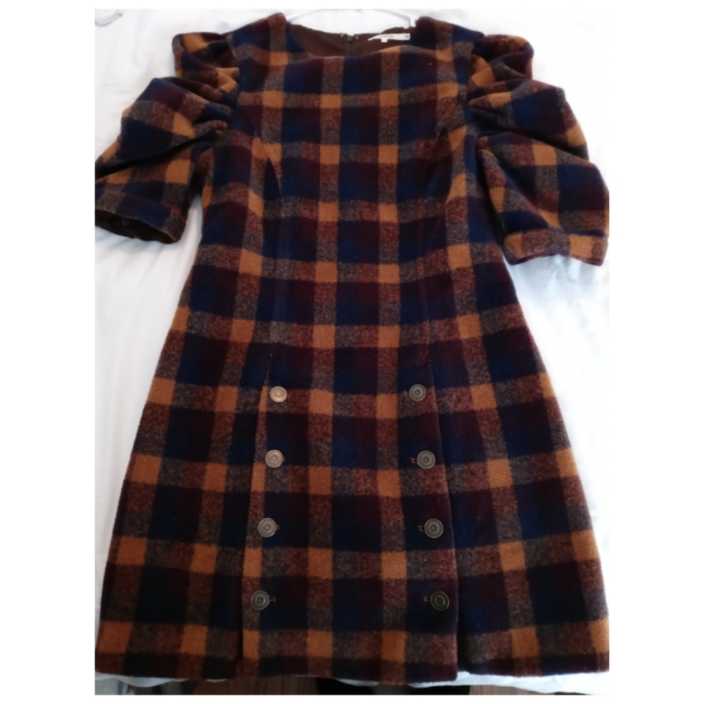 Brigitte Dress, Navy, Tan, Mustard. Capped sleeves